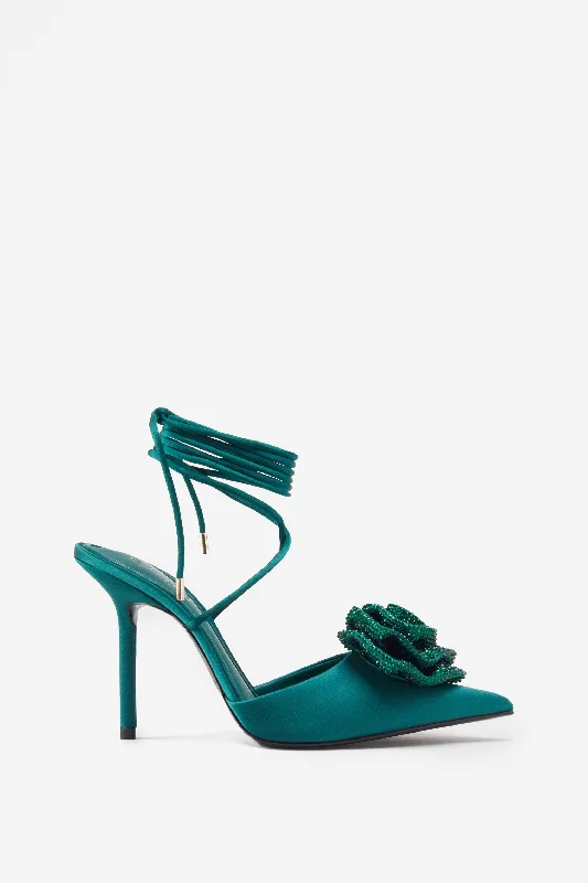 Sharpened | Green Lace-Up Stiletto Heels With Diamante Flowers