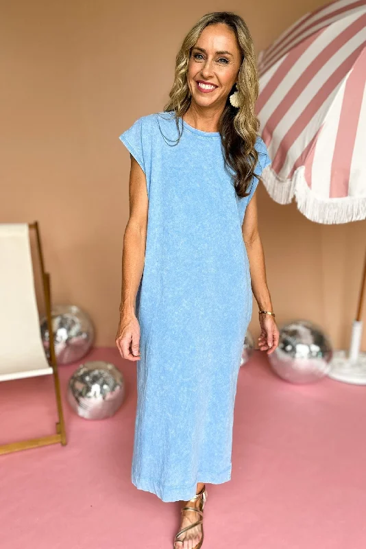 Sky Blue Mineral Wash Muscle Sleeve Midi Dress