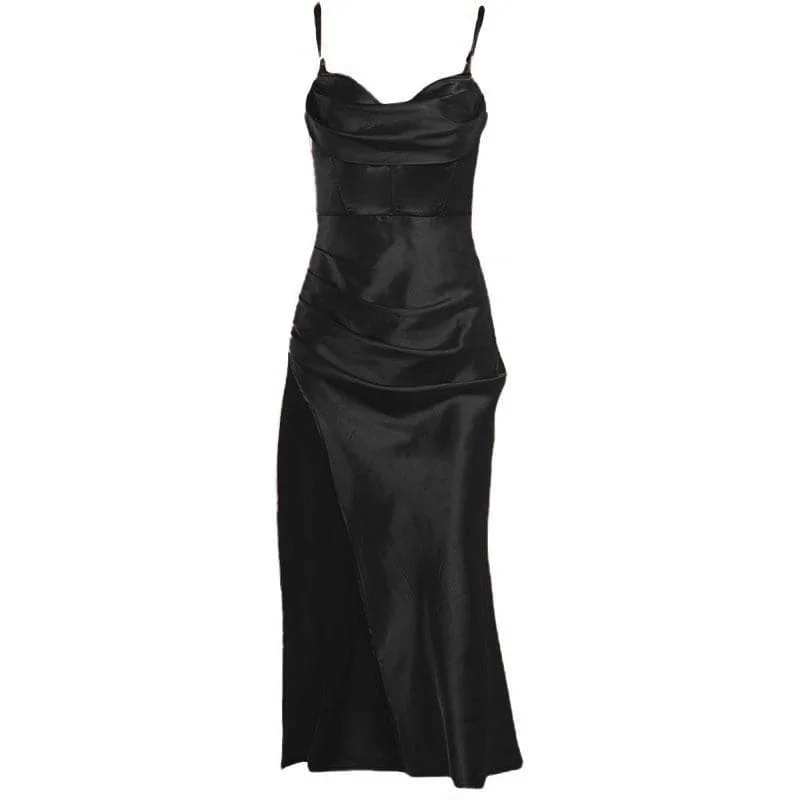 BerryBetty - Sleeveless solid satin cowl neck slit backless zip-up cami dress