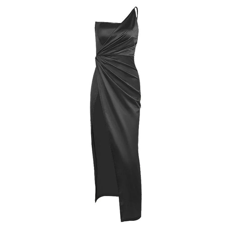 BerryBetty - Sleeveless solid satin slit one shoulder ruched backless midi dress