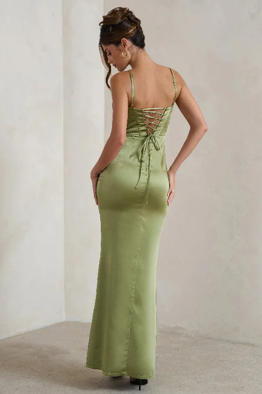 Starlight | Olive Green Cowl Corset Satin Wrap Maxi Dress