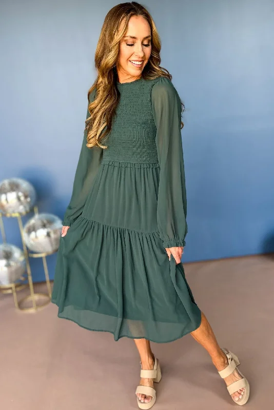 Teal Smocked Bodice Tiered Long Sleeve Midi Dress *FINAL SALE*