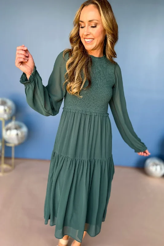 Teal Smocked Bodice Tiered Long Sleeve Midi Dress *FINAL SALE*