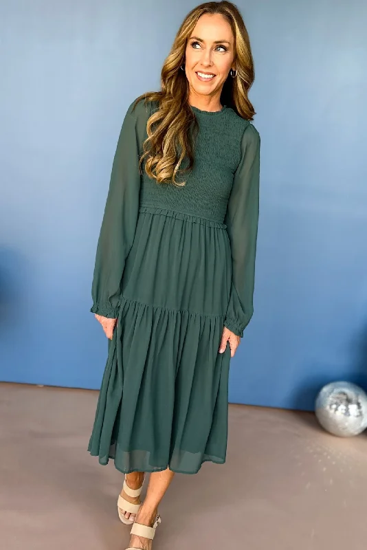 Teal Smocked Bodice Tiered Long Sleeve Midi Dress *FINAL SALE*