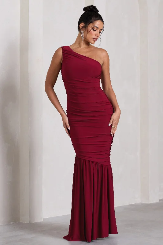 The Limelight | Berry One Shoulder Ruched Fishtail Maxi Dress