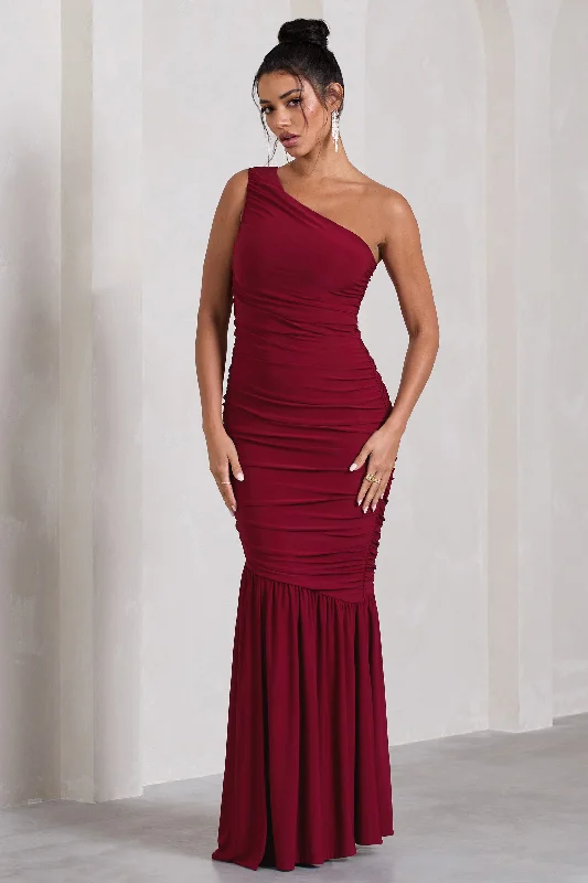 The Limelight | Berry One Shoulder Ruched Fishtail Maxi Dress