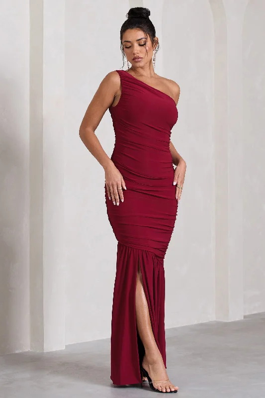 The Limelight | Berry One Shoulder Ruched Fishtail Maxi Dress