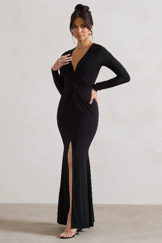 Tianna | Black Plunge-Neck Twisted Split Maxi Dress