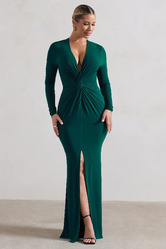 Tianna | Bottle Green Plunge-Neck Twisted Split Maxi Dress