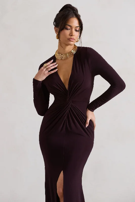 Tianna | Dark Plum Plunge-Neck Twisted Split Maxi Dress