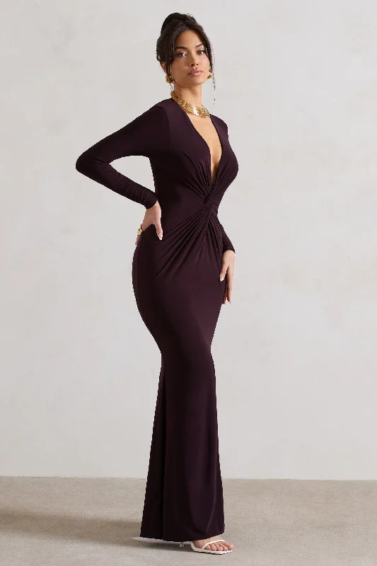 Tianna | Dark Plum Plunge-Neck Twisted Split Maxi Dress