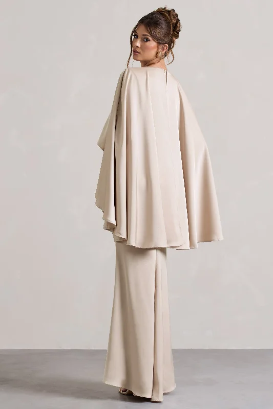 Yasie | Champagne Satin Plunge-Neck Maxi Dress With Cape Sleeves