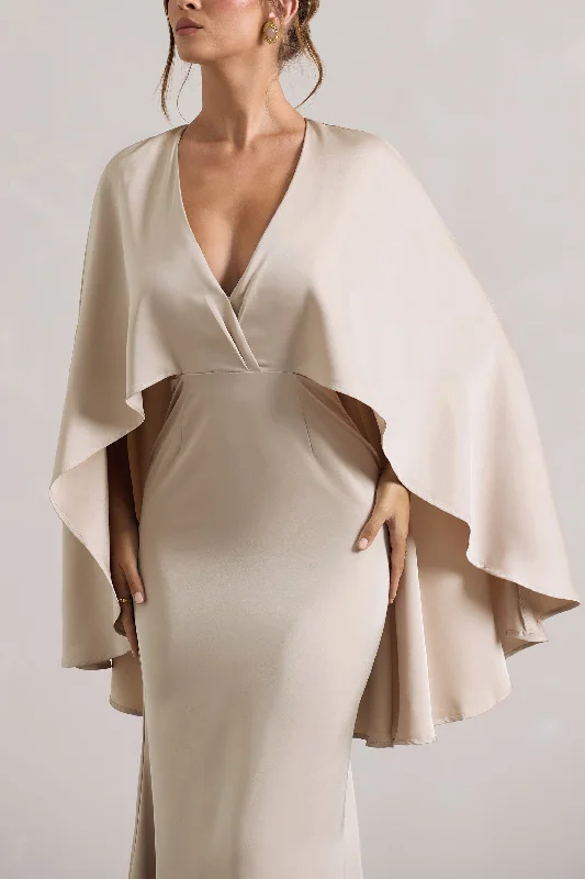 Yasie | Champagne Satin Plunge-Neck Maxi Dress With Cape Sleeves