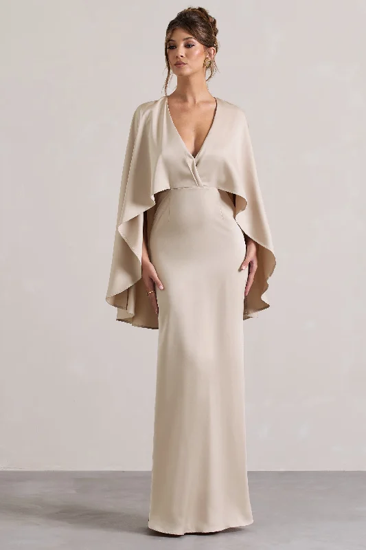 Yasie | Champagne Satin Plunge-Neck Maxi Dress With Cape Sleeves