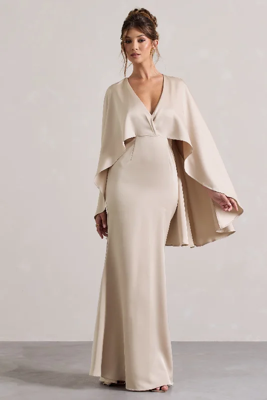 Yasie | Champagne Satin Plunge-Neck Maxi Dress With Cape Sleeves