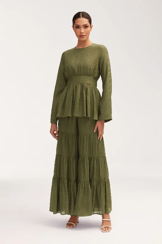 Bushra Palazzo Wide Leg Pants - Olive